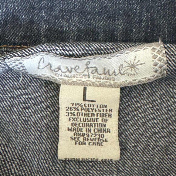 Crave Fame Distressed Denim Jacket Size L with Red Shoulder Stripes - Picture 7 of 9